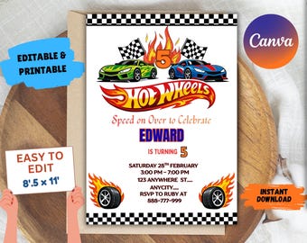 Hot Cars Birthday Invitation, Race Car Party, Canva Editable (5x7 Inches) (Digital Download)