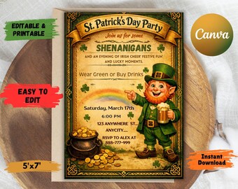 Leprechaun St Patricks Day Invitation | Editable Canva Template (5x7 Inches)