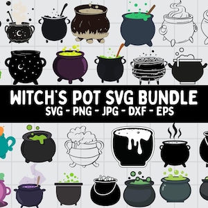 May include: A collection of colorful witch's cauldrons with bubbling potions, steam, and stars. The image includes the text "Witch's Pot SVG Bundle" with file type options: SVG, PNG, JPG, DXF, and EPS.