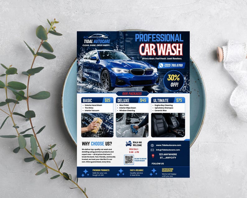 May include: A navy blue flyer for Tidal Autocare car wash services. The flyer features a blue car with water splashing, and text that reads "Professional Car Wash" and "30% OFF!" It lists different car wash packages.