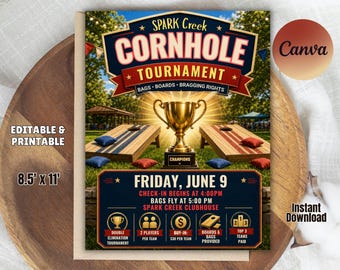 Cornhole Tournament Flyer Template | Editable Canva Poster | Backyard Event Invite | Summer Cornhole Tournament | Instant Download