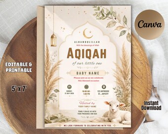 Rustic Neutral Aqiqah Invitation Template Canva Editable | Beige Boho Islamic Baby Aqiqah Invite | Pampas Grass Crescent Moon Invitation