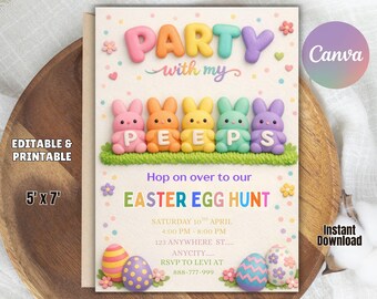 Easter Egg Hunt Invitation, Party with my Peeps, Editable Canva (Instant Download)