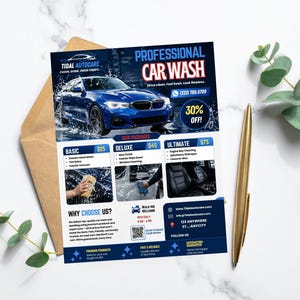 May include: A flyer for Tidal Autocare, a professional car wash service, featuring a blue car and service details. The flyer includes pricing for Basic, Deluxe, and Ultimate packages, along with a 30% off promotion. The flyer also includes the company's contact information.