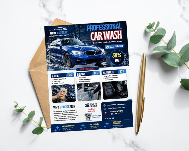 May include: A flyer for Tidal Autocare, a professional car wash service, featuring a blue car and service details. The flyer includes pricing for Basic, Deluxe, and Ultimate packages, along with a 30% off promotion. The flyer also includes the company's contact information.