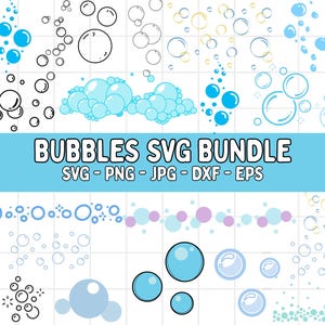 Peut inclure: Un ensemble graphique numérique avec des motifs de bulles en bleu, blanc et noir. L'image présente différents styles de bulles, des contours simples aux grappes. Le texte indique "BUBBLES SVG BUNDLE" avec des options de type de fichier.