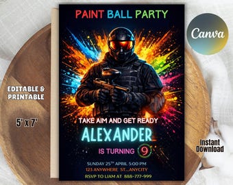 Paintball Birthday Invitation, Editable Party Invite (Digital Download) 5 x 7 Canva Editable Template
