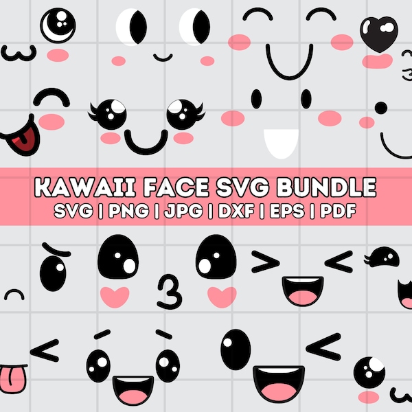 Kawaii Faces SVG Bundle, Cute Face Clipart, Cartoon Emoji Face svg Faces Digital, Anime Faces, Sticker Art, Commercial Use Download PNG