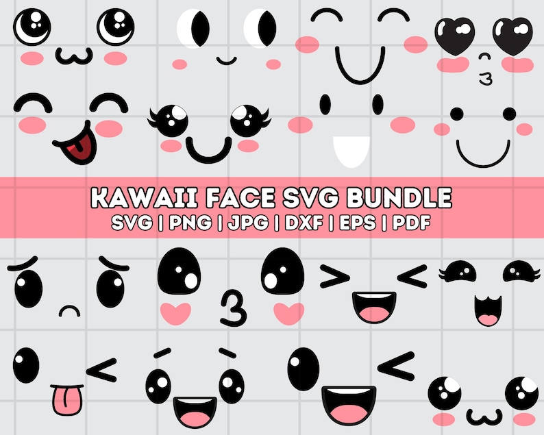 May include: A set of 20 kawaii face SVGs in black and white with pink accents. The faces include various expressions, such as happy, sad, surprised, and winking. The text "KAWAII FACE SVG BUNDLE" is at the top of the image, and the text "SVG | PNG | JPG | DXF | EPS | PDF" is below it.