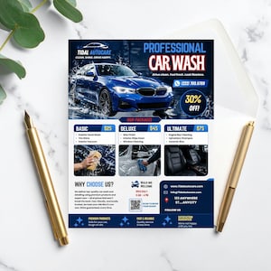 May include: A promotional flyer for Tidal Autocare, a professional car wash service. The flyer features a blue car, service packages, and contact information. The text includes "Professional Car Wash" and "30% OFF!"