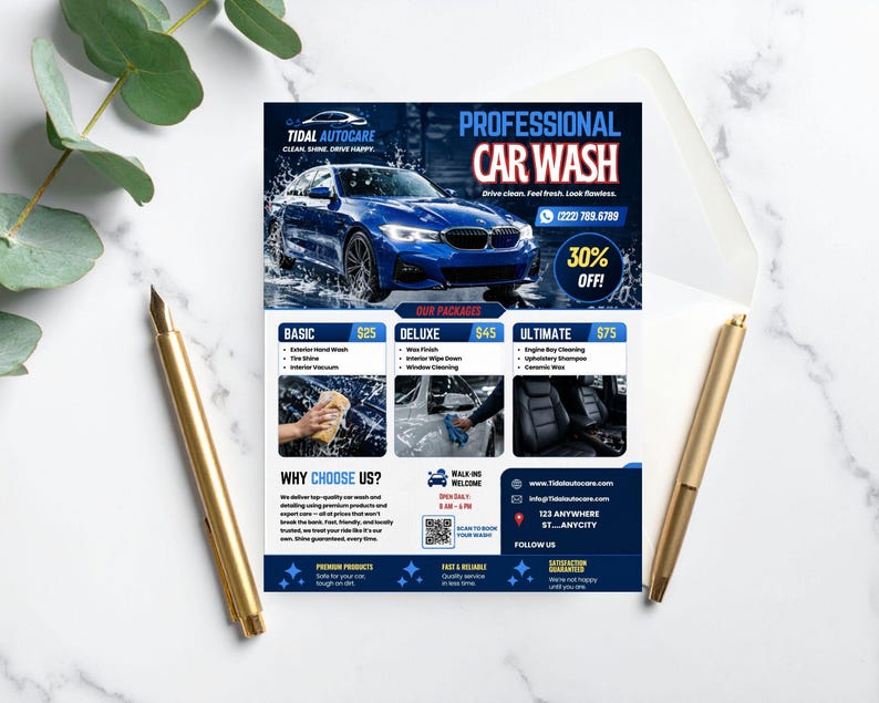 May include: A promotional flyer for Tidal Autocare, a professional car wash service. The flyer features a blue car, service packages, and contact information. The text includes "Professional Car Wash" and "30% OFF!"