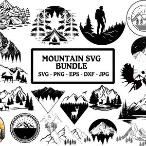 Lot montagne et forêt SVG, clipart svg montagne, clipart silhouettes montagne et forêt, collines svg, svg soleil, lune svg, arbres svg