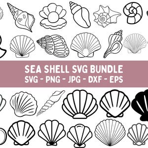 May include: A selection of black and white seashell illustrations. The image features diverse shell types, including scallops, conches, and spiral shells. The text in the middle reads "SEA SHELL SVG BUNDLE" with file type options.