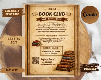 Editable Book Club Flyer Template | Canva Reading Group Event (8.5x11 in)