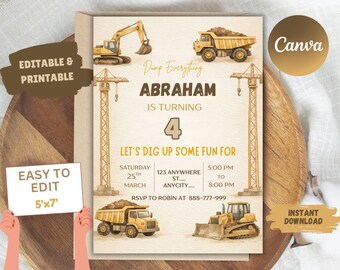 Construction Birthday Invitation: Dump Trucks, Excavator (5x7) (Editable Canva Template)