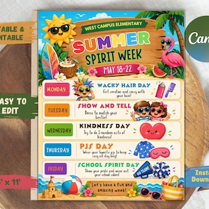 May include: A colorful printable poster for Summer Spirit Week, featuring a sun with sunglasses, a flamingo, and beach-themed illustrations. The poster includes daily themes like "Wacky Hair Day" and "PJs Day," with the text "West Campus Elementary" and "May 18-22."