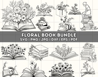 Può includere: Un set di 10 illustrazioni in bianco e nero di libri con motivi floreali. Le illustrazioni sono perfette per creare artigianato digitale o fisico, come biglietti d'auguri, inviti e pagine di scrapbooking.