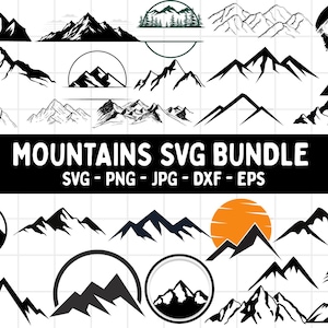 May include: A collection of mountain-themed SVG designs in various styles. The designs include silhouettes of mountain ranges, some with trees, and a sun. The text "MOUNTAINS SVG BUNDLE" is displayed with file format options: SVG, PNG, JPG, DXF, and EPS.