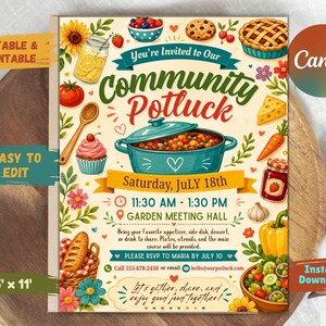 May include: A community potluck invitation flyer featuring illustrations of food including a teal pot, cupcake, bread, and vegetables. Text reads: You're Invited to Our Community Potluck, Saturday, July 18th, 11:30 AM - 1:30 PM, Garden Meeting Hall, RSVP to Maria by July 10, 555-678-2450, hello@ourpotluck.com.