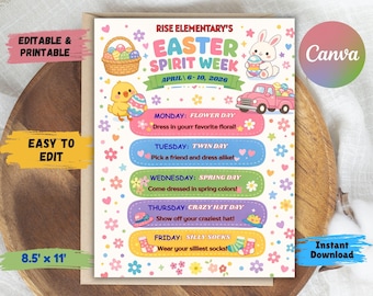Customizable Easter Spirit Week Flyer, School Event Schedule (8.5x11 Inches)