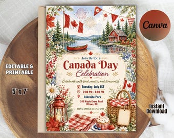 Canada Day Celebration Invitation, Watercolor Scenery Picnic Party Invite, Rustic Canadian Canva Template, Editable Download