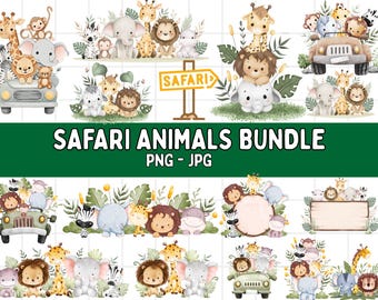 Watercolor Safari Animals Clipart: PNG, JPG (Digital Download)
