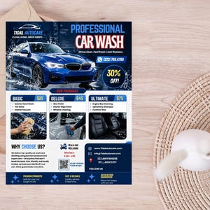 May include: A promotional flyer for Tidal Autocare car wash services. The flyer features a blue car, service packages, and the text "PROFESSIONAL CAR WASH" with a 30% off promotion. The flyer is on a wooden surface.