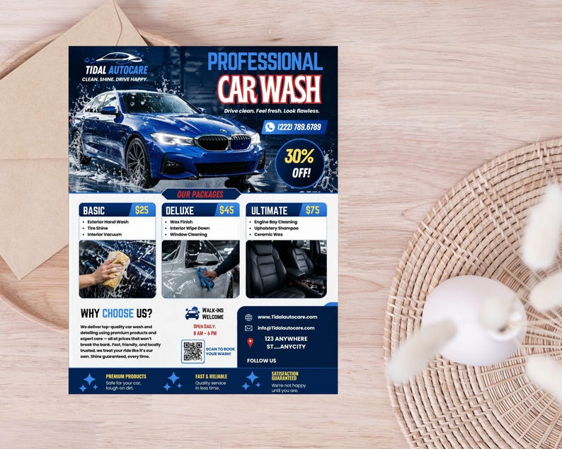 May include: A promotional flyer for Tidal Autocare car wash services. The flyer features a blue car, service packages, and the text "PROFESSIONAL CAR WASH" with a 30% off promotion. The flyer is on a wooden surface.