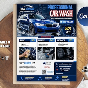 May include: A blue and white flyer for a professional car wash service. The flyer includes a blue car, service packages, and contact information. The flyer is 8.5 x 11 inches.