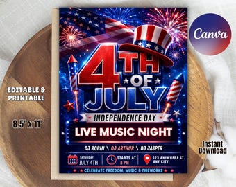 Mall för inbjudan till 4 juli, flygblad för självständighetsdagen, affisch för evenemang med patriotiska USA-medlemmar, inbjudan till DJ med livemusik, redigerbar canvas