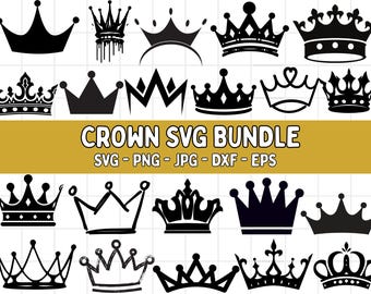 May include: A collection of black crown designs in various styles. The image includes crowns with ornate details, simple silhouettes, and the text "CROWN SVG BUNDLE" with file type options.