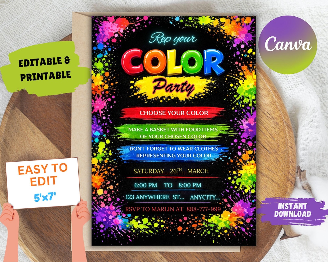 Editable Color Theme Birthday Invitation: DIY Party Invite (5x7 Inches ...
