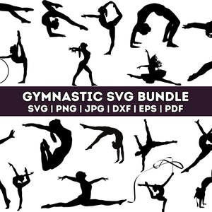 Könnte beinhalten: Ein Set mit 16 Schwarzweiß-Silhouettenbildern von Turnerinnen in verschiedenen Posen. Die Bilder eignen sich perfekt zum Erstellen von individuellen Designs für T-Shirts, Tassen, Tragetaschen und andere Bastelarbeiten.