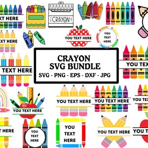 May include: A set of 12 colorful crayon SVG cut files. The files include various designs featuring crayons, pencils, apples, and text boxes that say "You Text Here".