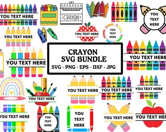 Op de afbeelding: Een set van 12 kleurrijke crayon SVG-snijbestanden. De bestanden bevatten verschillende ontwerpen met kleurpotloden, potloden, appels en tekstvakken die "Uw tekst hier" zeggen.