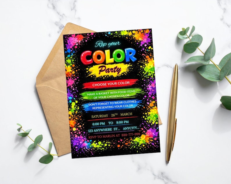 Invite Theme Editable Color Theme Birthday Invitation: DIY Party Invite (5x7 Inches ...
