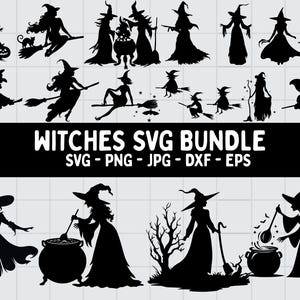 May include: A collection of black silhouette witch designs. The image features various witches in different poses, some riding brooms, others standing, and some near cauldrons. The text "Witches SVG Bundle" is displayed in the centre, with file type options below.