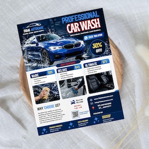 May include: A promotional flyer for a professional car wash service. The flyer features a blue car with water splashing around it. Text includes "Professional Car Wash" and service package details.