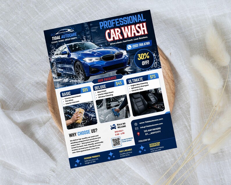 May include: A promotional flyer for a professional car wash service. The flyer features a blue car with water splashing around it. Text includes "Professional Car Wash" and service package details.