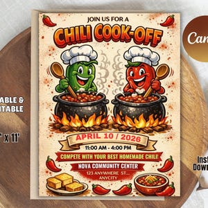May include: A vintage-style invitation for a chili cook-off. The design features cartoon chili peppers wearing chef hats, stirring pots of chili over flames. Text includes event details: date, time, location, and the phrase "Compete with your best homemade chili!"