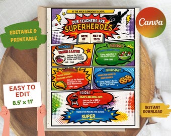 Teacher Appreciation Week Schedule, Superhero Comic Style, Editable Flyer (8.5x11 Inches)