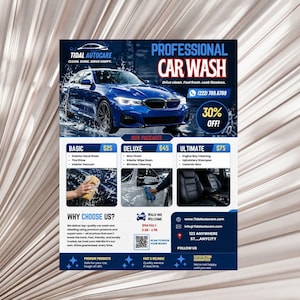 May include: A promotional flyer for Tidal Autocare, a professional car wash service. The flyer features a blue car with water splashing, service packages, and a 30% off promotion. Includes contact information and a QR code.