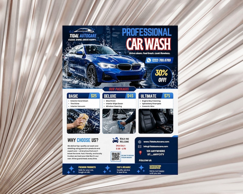 May include: A promotional flyer for Tidal Autocare, a professional car wash service. The flyer features a blue car with water splashing, service packages, and a 30% off promotion. Includes contact information and a QR code.