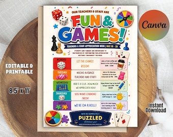 Teacher Appreciation Fun & Games Itinerary Flyer (CANVA Template)