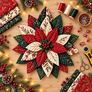 May include: A quilted fabric poinsettia flower centerpiece featuring layered red, dark green, and cream-colored petals with stitched leaf veins. The center is adorned with small red berries. Surrounding items include fabric scraps, thread spools, pins, clips, a rotary cutter, and scissors.