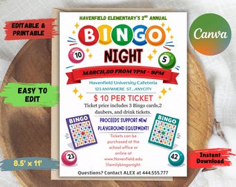 Editable Bingo Night Flyer Template: School Fundraiser Invite (8.5x11 Inches, PDF Download)