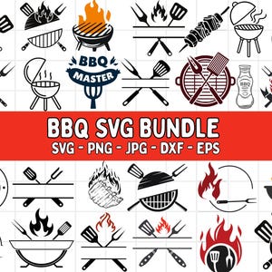 May include: A collection of black and white BBQ-themed SVG graphics. The designs include images of grills, flames, utensils, and the text "BBQ SVG BUNDLE". The text is on a red banner. The graphics are suitable for various crafting projects.
