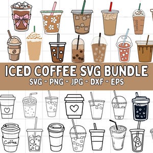 Pode incluir: Uma coleção de designs de copos de café gelado em vários estilos, incluindo copos com chantilly, cubos de gelo e canudos. O texto "ICED COFFEE SVG BUNDLE" é exibido.