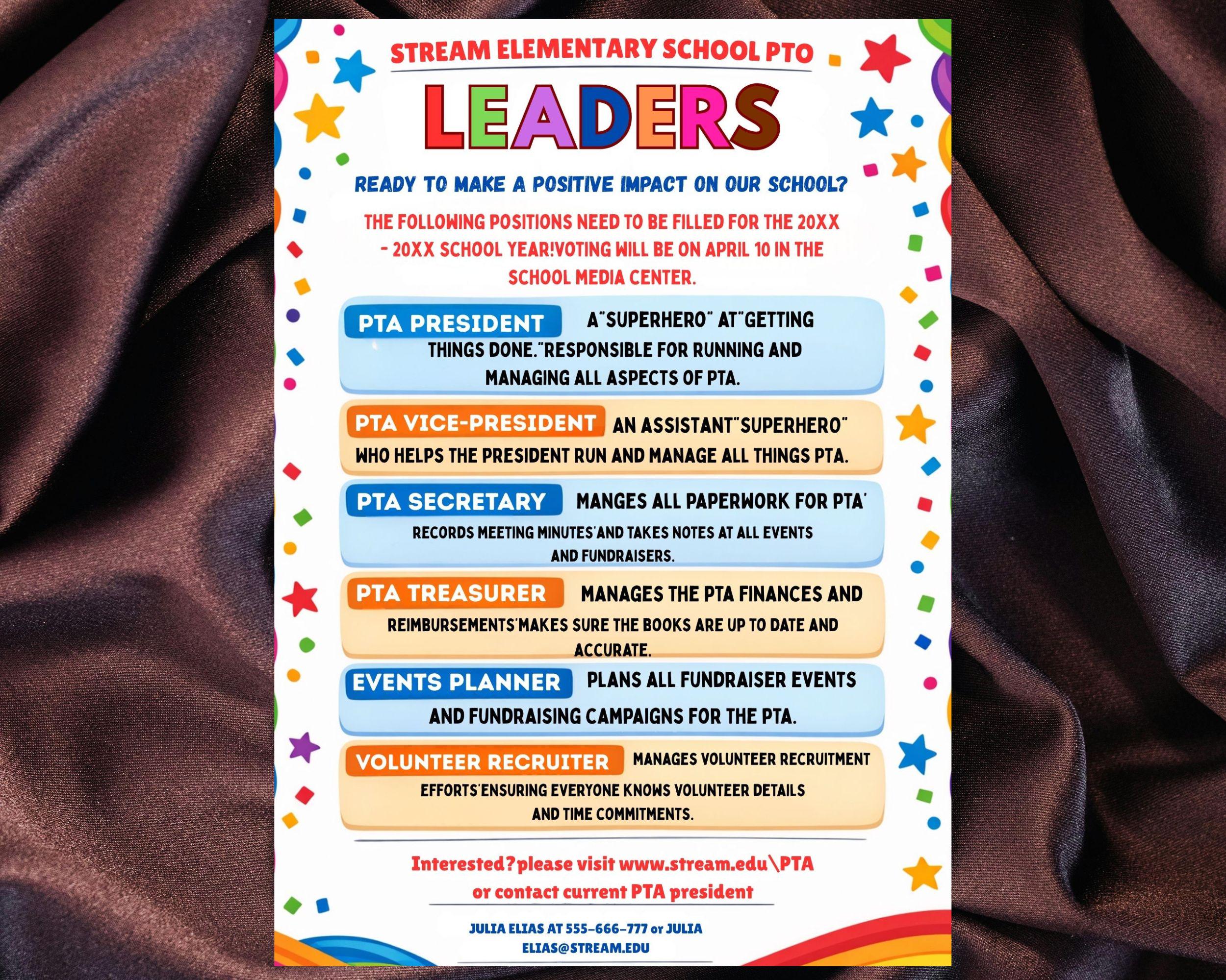 Pta Roles Editable PTA/PTO Election Flyer Template | School Volunteer Roles (8 ...