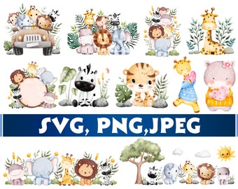 Watercolor Safari Animals Clipart: Baby Shower PNG SVG (Digital Download)